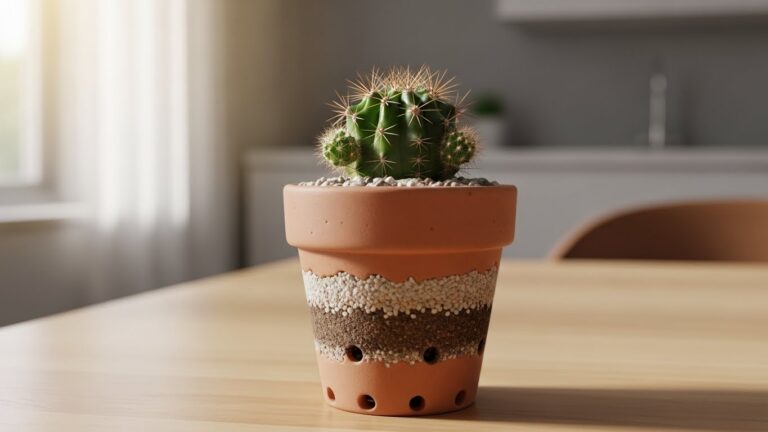 Mini cactus plant in a pot with drainage holes on a wooden table