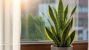 Snake plant by a sunny window in bright indoor sunlight