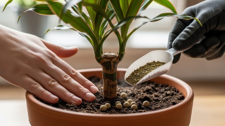 Fertilizing Dracaena plant for vibrant foliage and healthy growth.