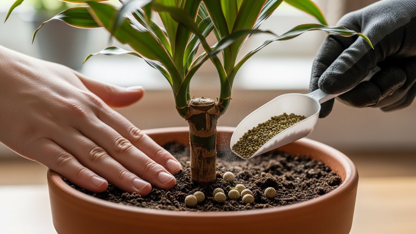 Fertilizing Dracaena plant for vibrant foliage and healthy growth.