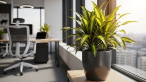 Dracaena plant in a modern office setting with natural light.