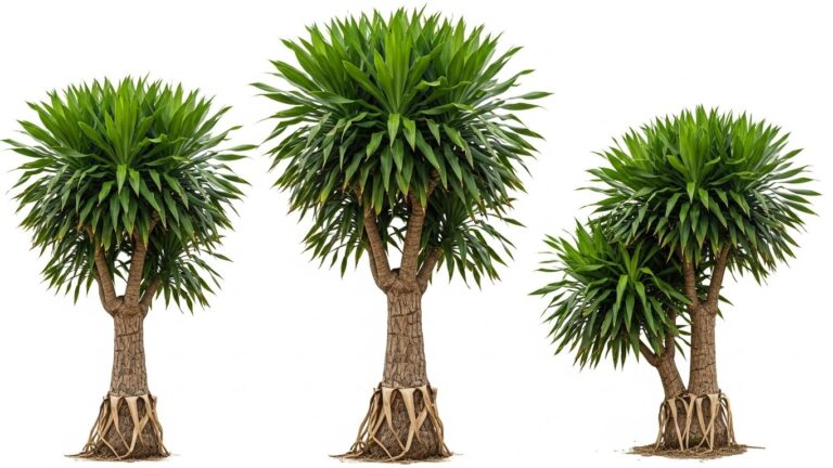 Three Dracaena plants at different growth stages against a white background.