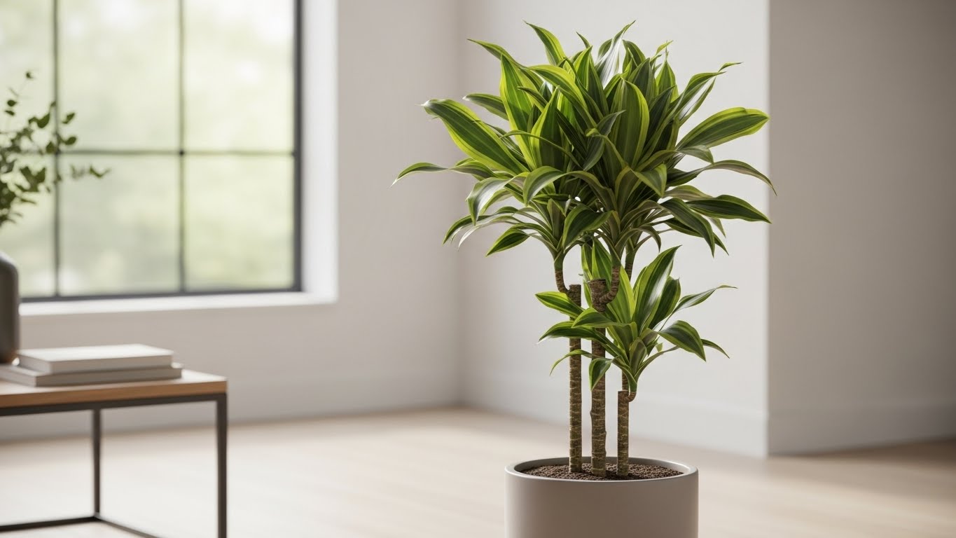 Dracaena plant in a bright room, showcasing its vibrant green leaves and low-maintenance beauty.
