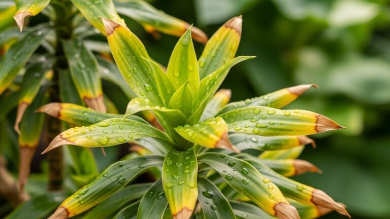 Dracaena plant with water droplets, ideal for summer outdoor transition tips.