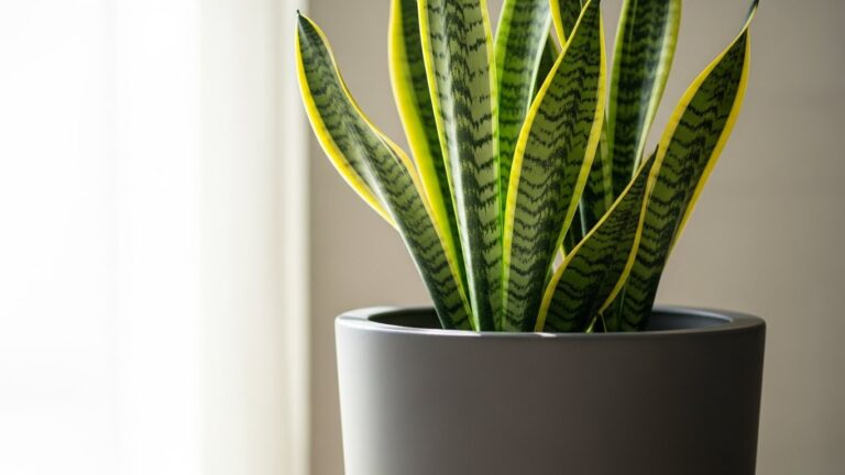 Close-up of Dracaena trifasciata, commonly known as Snake Plant, in a modern pot.