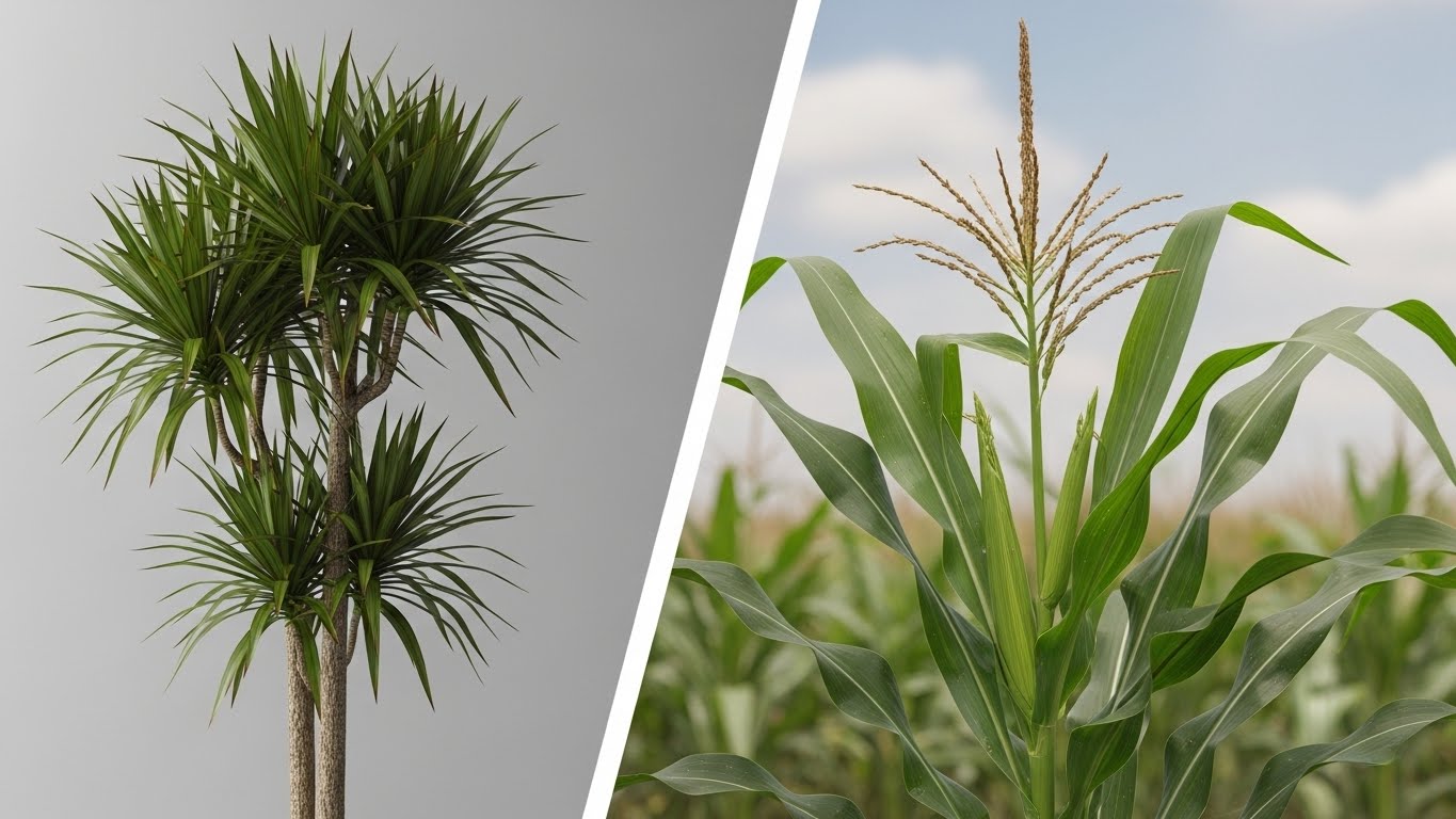Comparison between Dracaena plant and corn plant highlighting differences