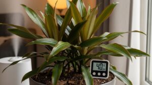 Dracaena plant with humidity monitor in winter indoor setting for care guide.