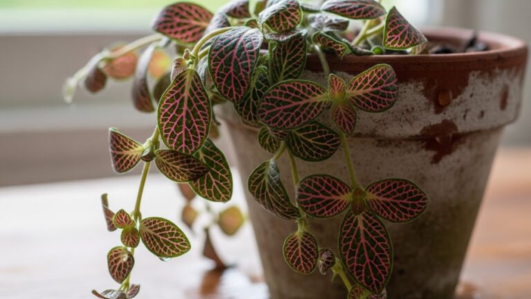 Drooping Fittonia plant in a pot indicating need for proper care.