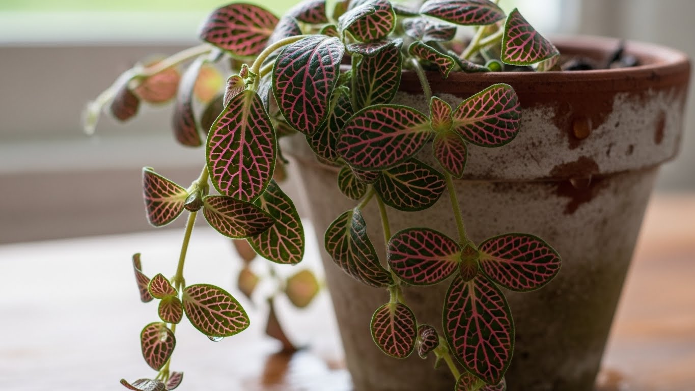 Drooping Fittonia plant in a pot indicating need for proper care.