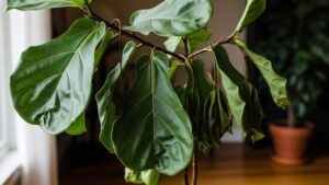 Droopy fiddle leaf fig with wilted leaves indoors