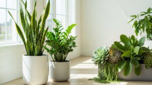 Drought-tolerant indoor plants in sunlight by a window.