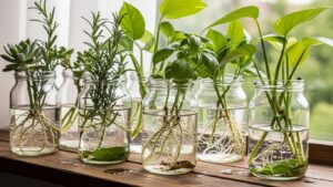 Houseplants rooting in water-filled glass jars on a windowsill