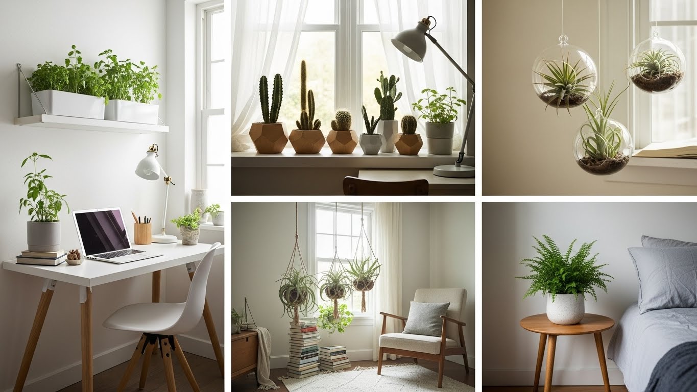 Easy care plants for college dorms and small spaces, including succulents and ferns