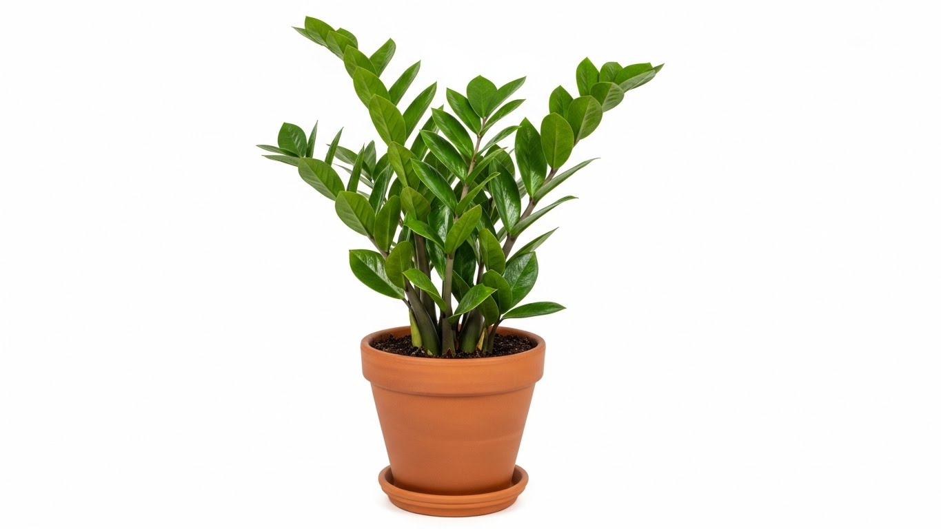 Zamioculcas zamiifolia plant in a terracotta pot