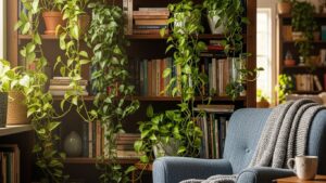 Trailing plants on bookshelves with green lush foliage.