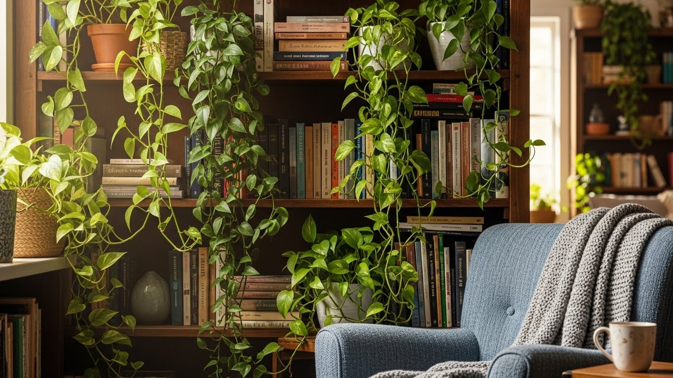 Trailing plants on bookshelves with green lush foliage.