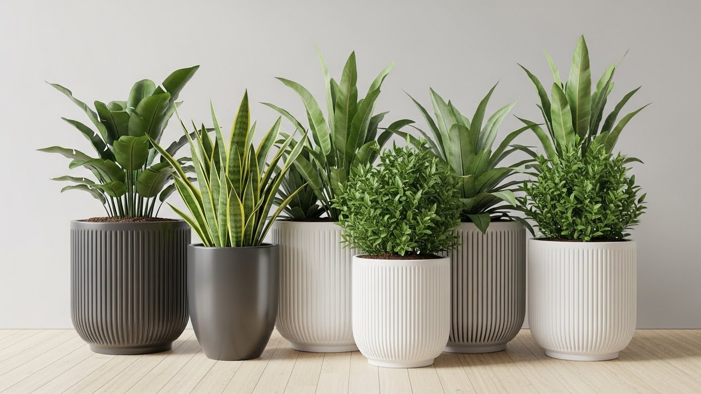 Elegant indoor planters with green plants on wooden floor