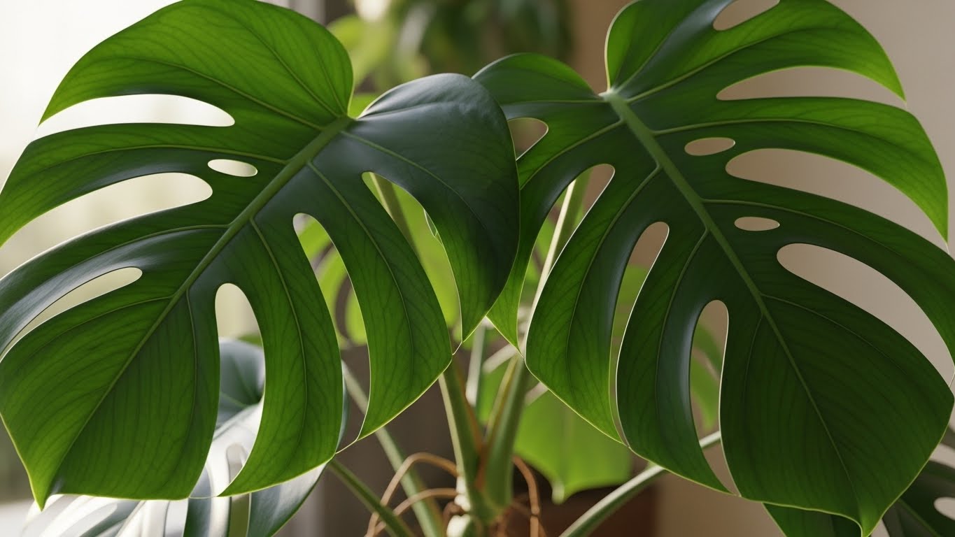 Close-up of a Monstera plant with fenestrated leaves showing natural splits.