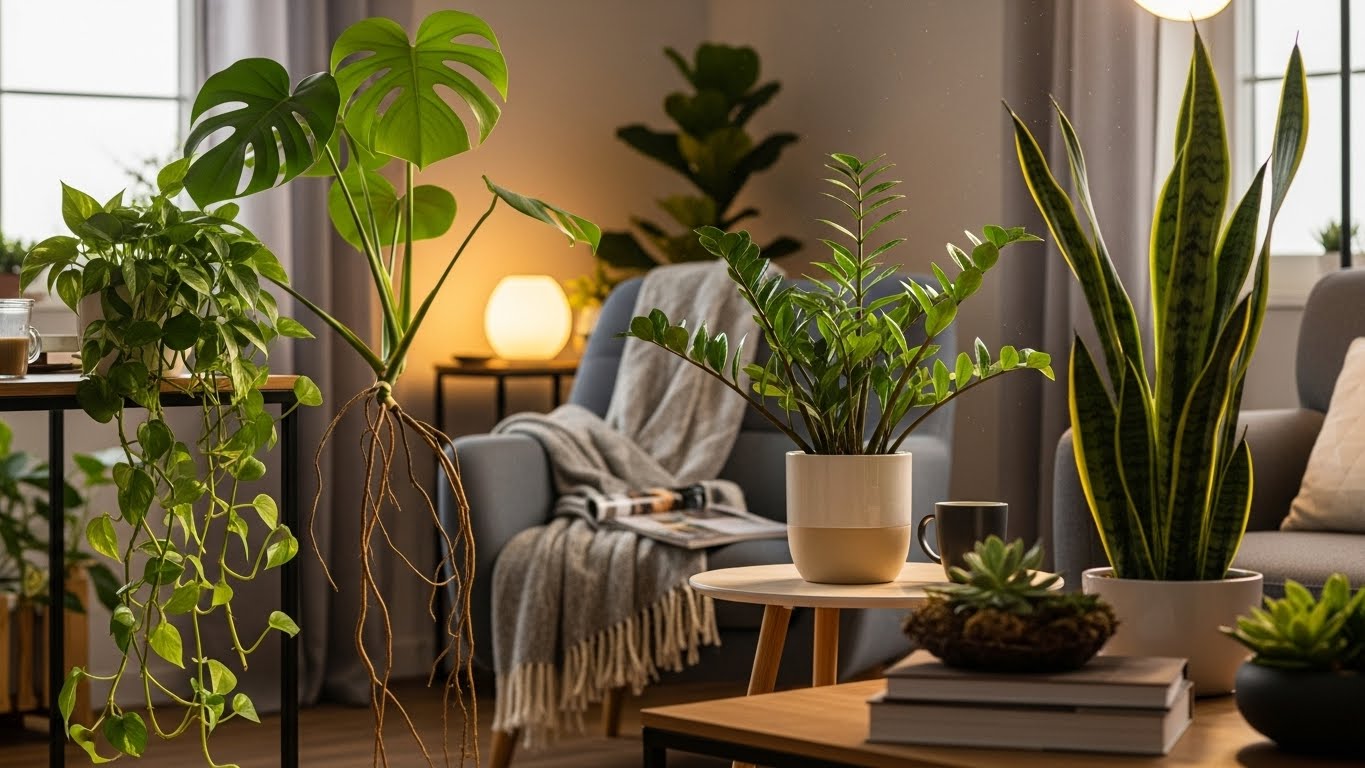 Indoor plants in cozy living room setting