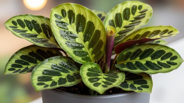 Vibrant Calathea plant with water droplets on zebra-patterned leaves