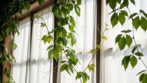 Vines growing in bright indirect light near a window with sheer curtains