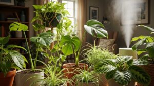 Lush indoor plants including monstera and spider plants near a humidifier in a cozy room.