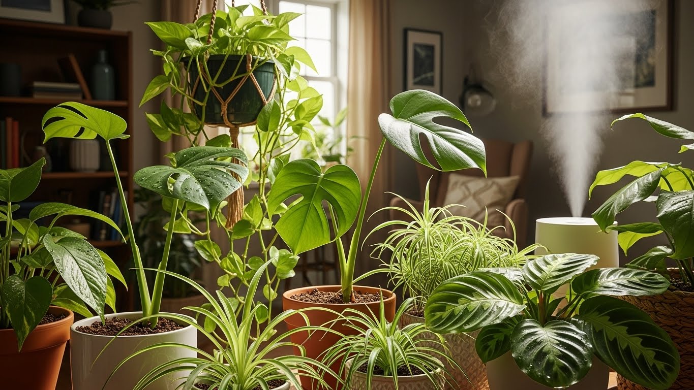 Lush indoor plants including monstera and spider plants near a humidifier in a cozy room.