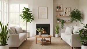 Modern living room with various indoor plants enhancing Feng Shui principles.