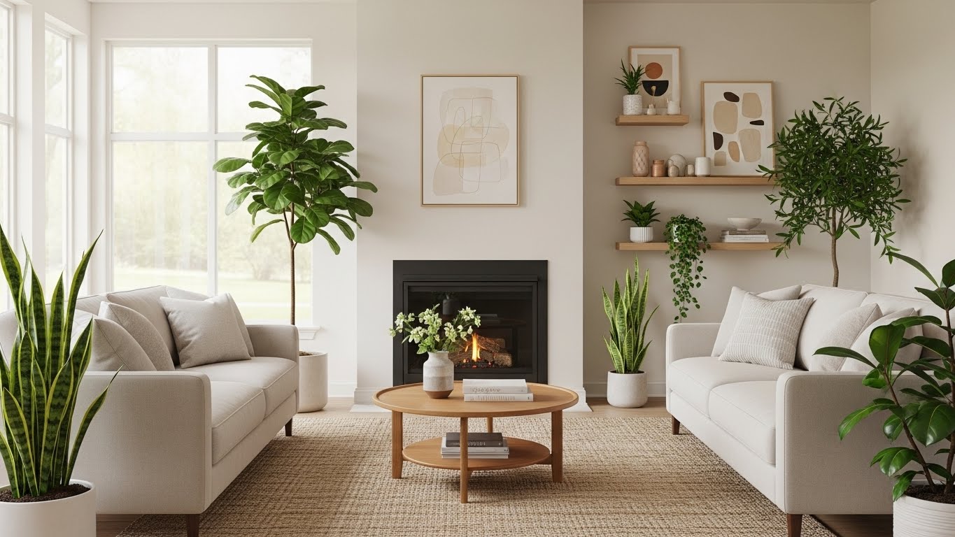 Modern living room with various indoor plants enhancing Feng Shui principles.