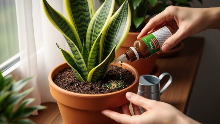Hands fertilizing a snake plant in a terracotta pot indoors