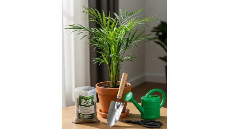 Kentia palm in pot with organic fertilizer, tools on wooden table indoors