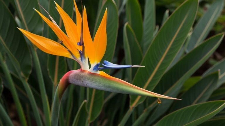 Vibrant Bird of Paradise flower with lush green leaves in background.