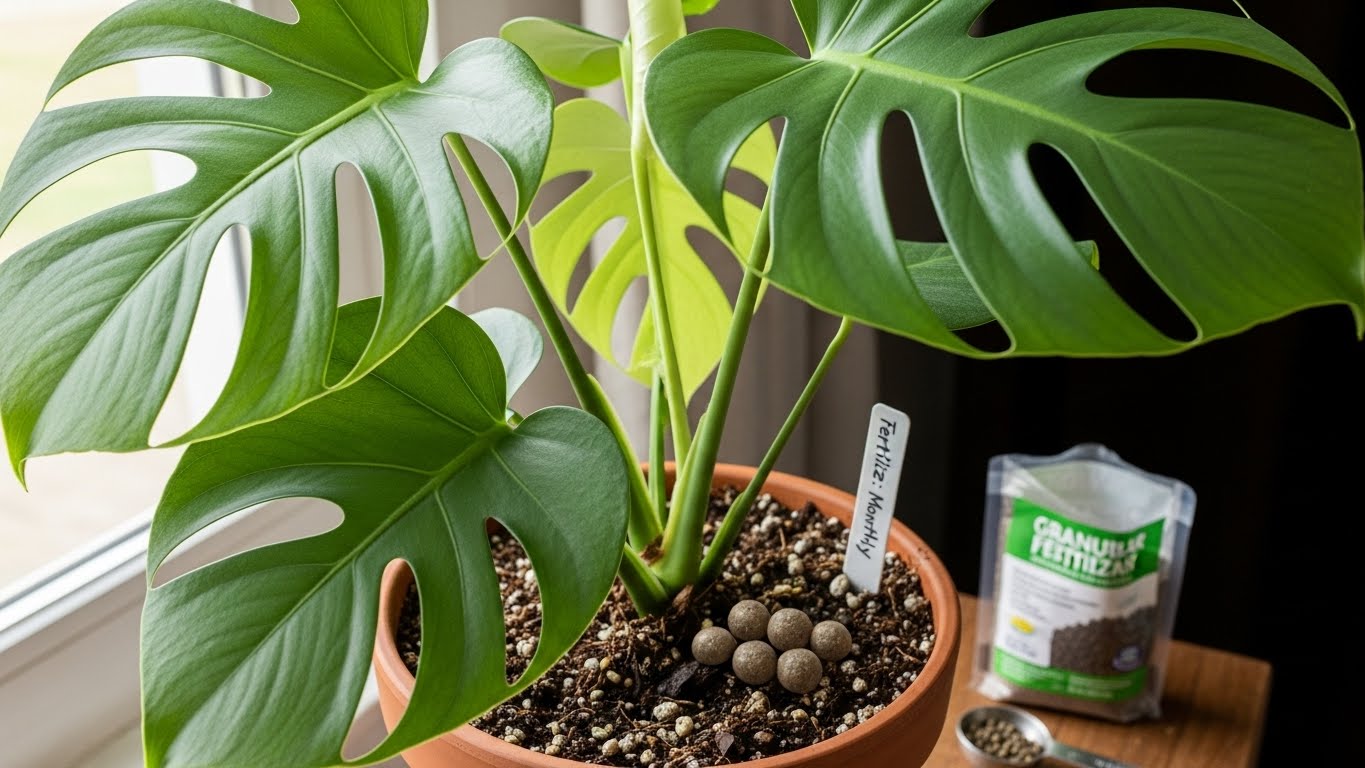 Monstera plant with granular fertilizer and soil, nutrient care