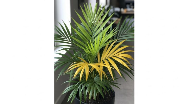Healthy parlor palm with green and yellow leaves in a pot indoors