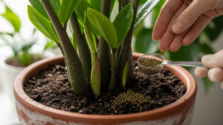 Hands fertilizing ZZ plant in a pot with granular fertilizer