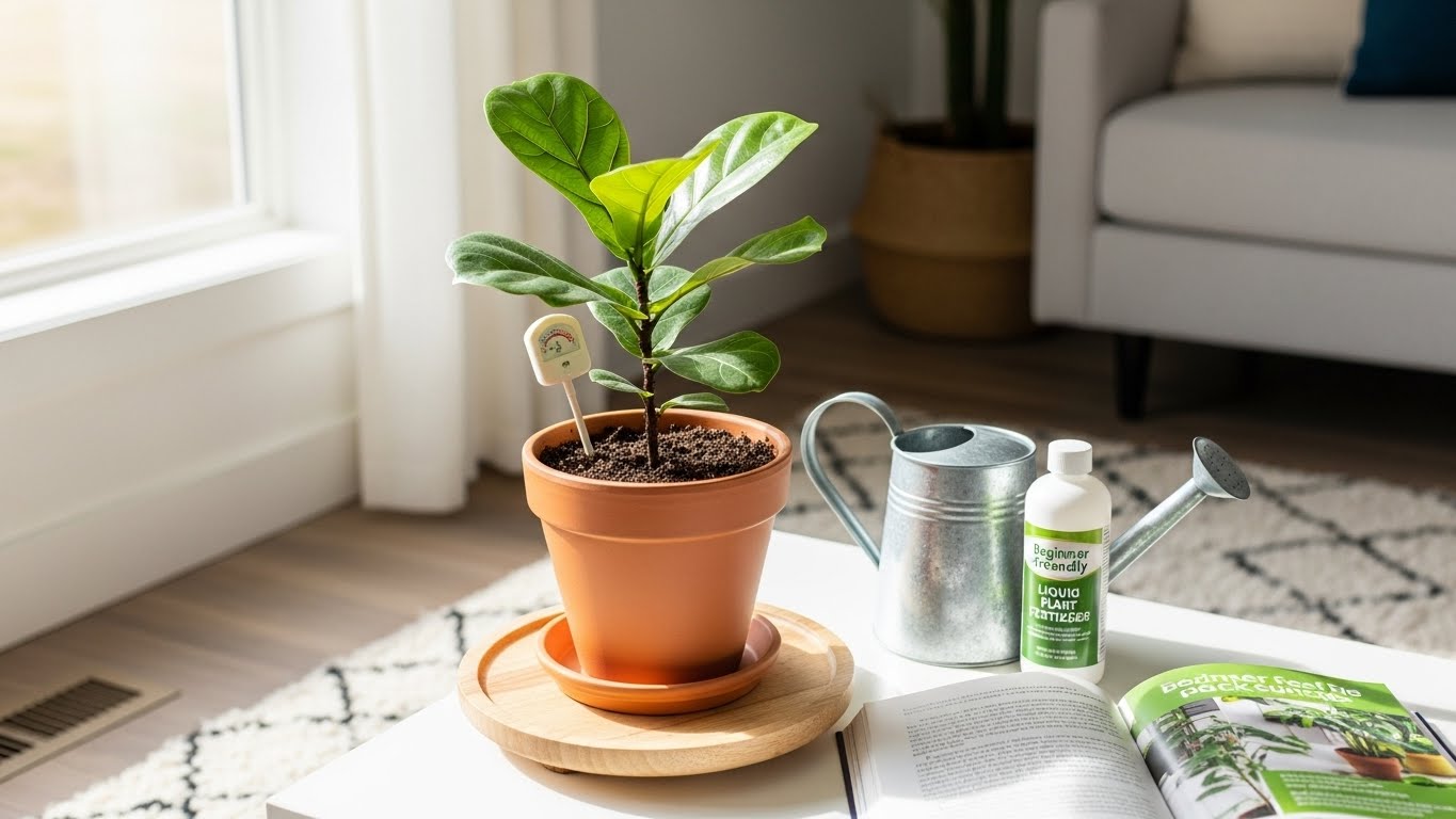 Fiddle Leaf Fig care essentials with plant, watering can, and fertilizer in bright room