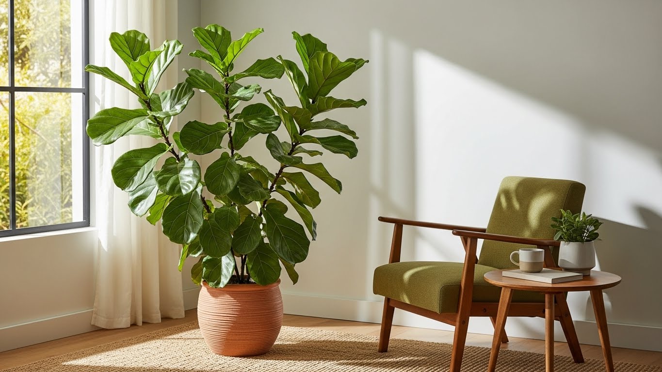 Indoor fiddle leaf fig near window with natural light