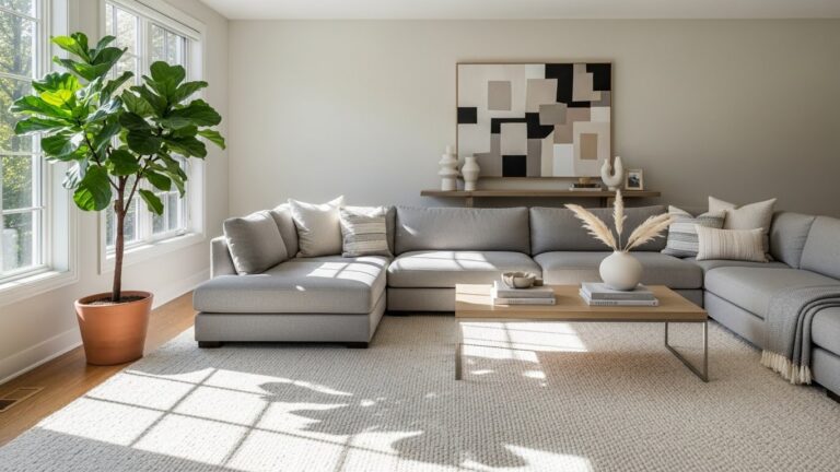 Stylish living room featuring a fiddle leaf fig plant in a pot