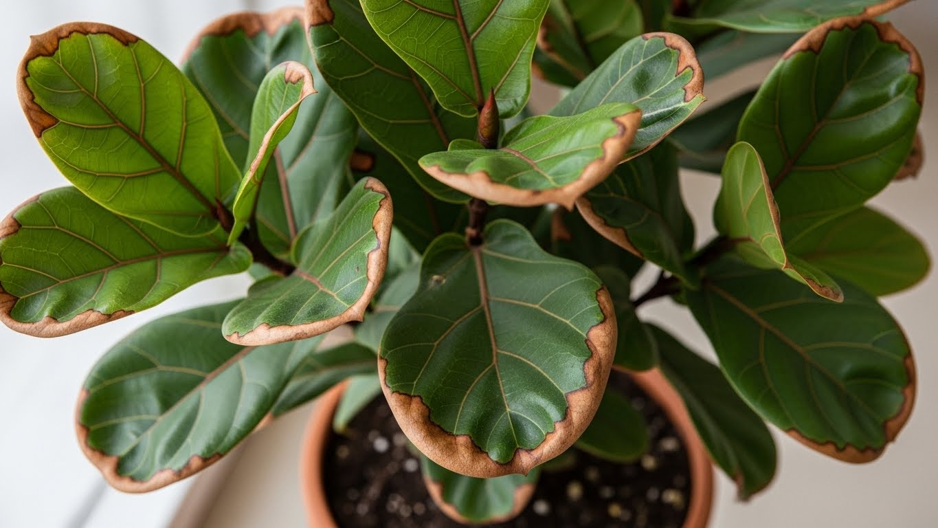 Fiddle leaf fig with brown edges on leaves