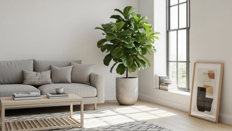 Modern living room with fiddle leaf fig plant by large window