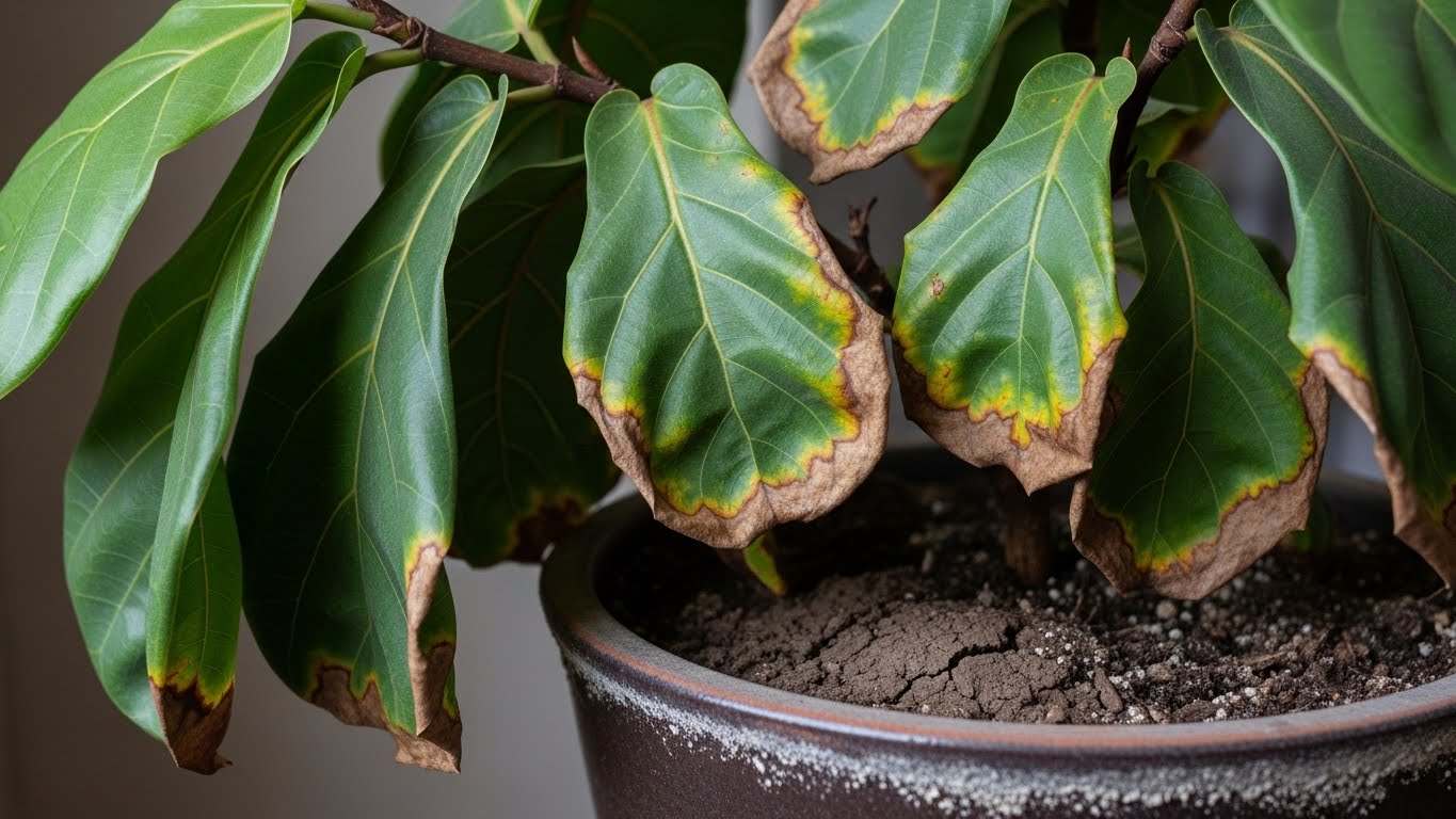Fiddle leaf fig leaves with browning tips, indicating growth issues