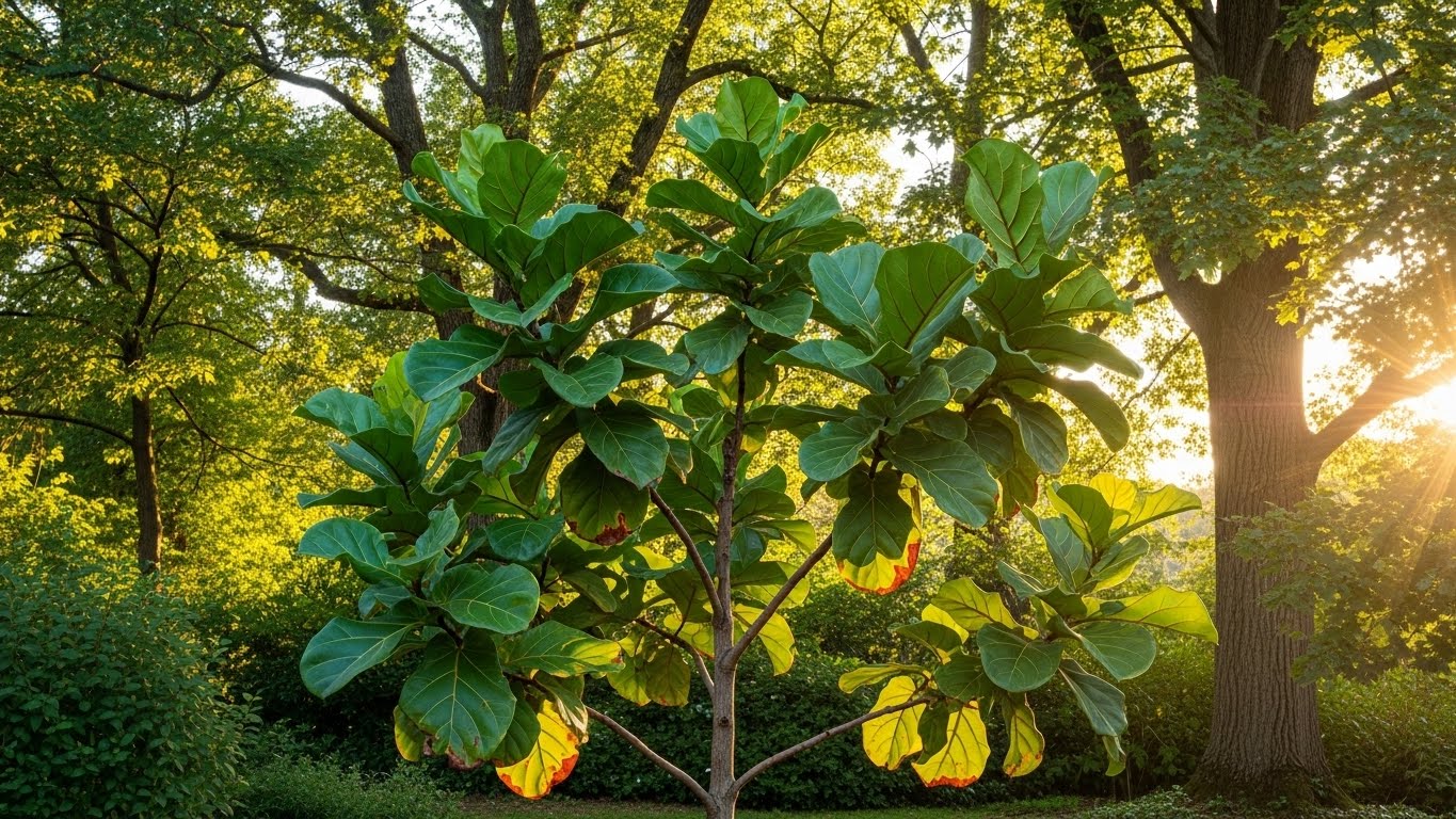 Fiddle Leaf Fig tree in a sunlit garden setting with vibrant green leaves
