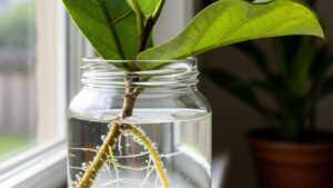Fiddle leaf fig cutting in a jar of water by a window, showing root growth.