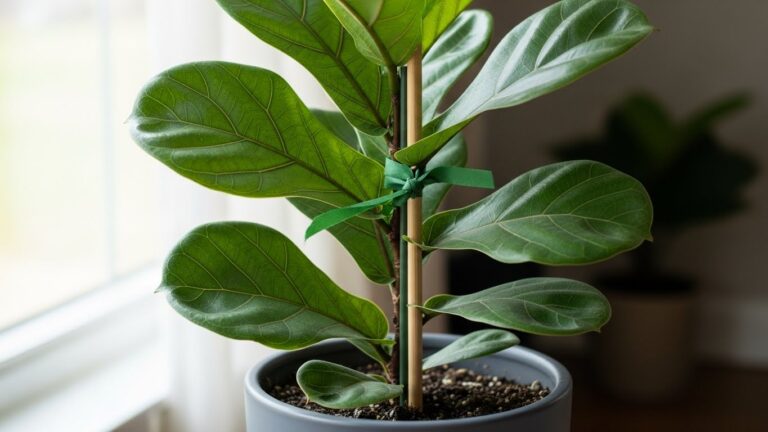 Fiddle Leaf Fig with a support stake and green tie in a pot