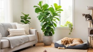 Cozy living room with fiddle leaf fig, cat, and dog, emphasizing plant safety for pets and kids