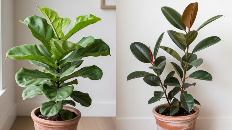 Fiddle Leaf Fig and Rubber Plant side by side in pots.