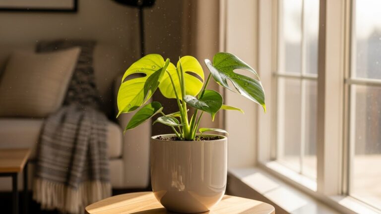 Potted Monstera plant on wooden table in sunny living room