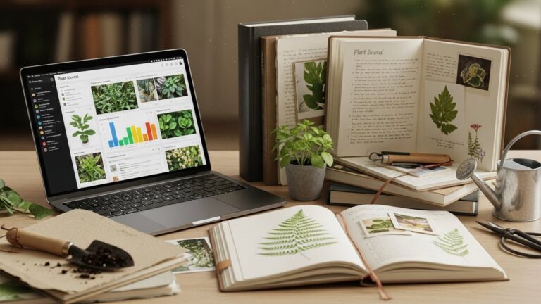 Plant journal setup with laptop, books, and gardening tools on a wooden table.