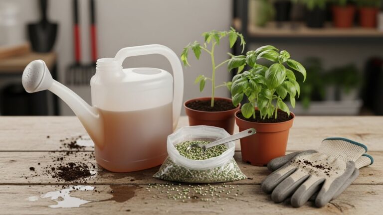 Fertilizer, watering can, plants, and gloves for first-time garden setup