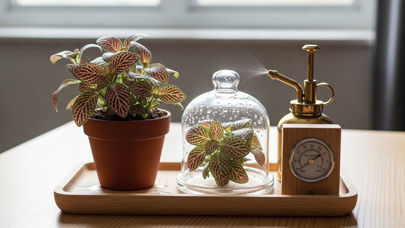 Fittonia plant care with pot, glass cloche, and humidity sensor indoors
